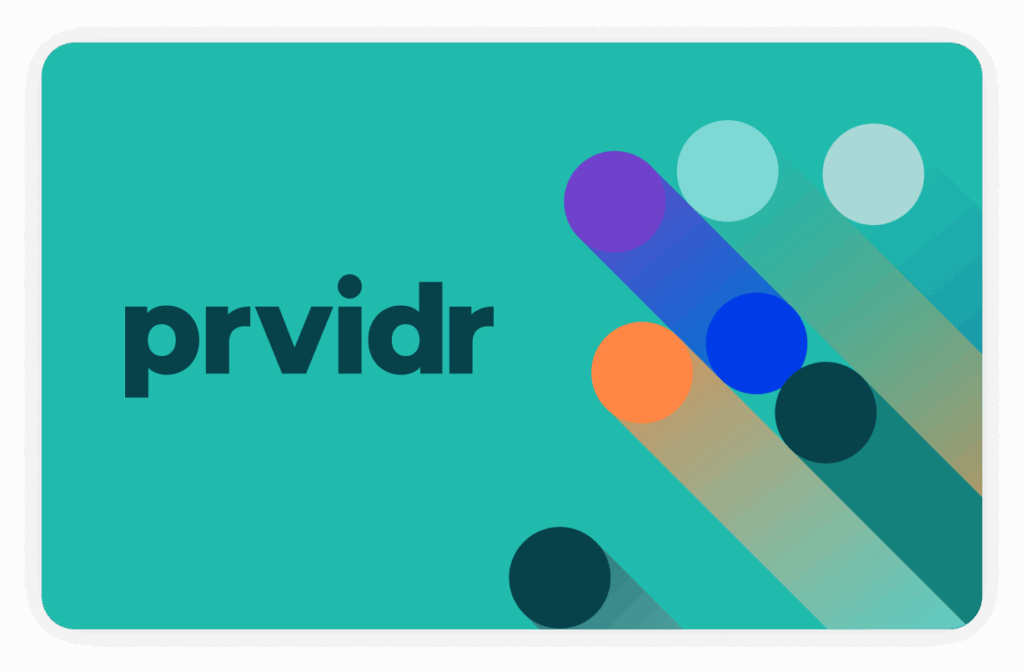 Prvidr logo with multi-coloured pattern in right hand corner.