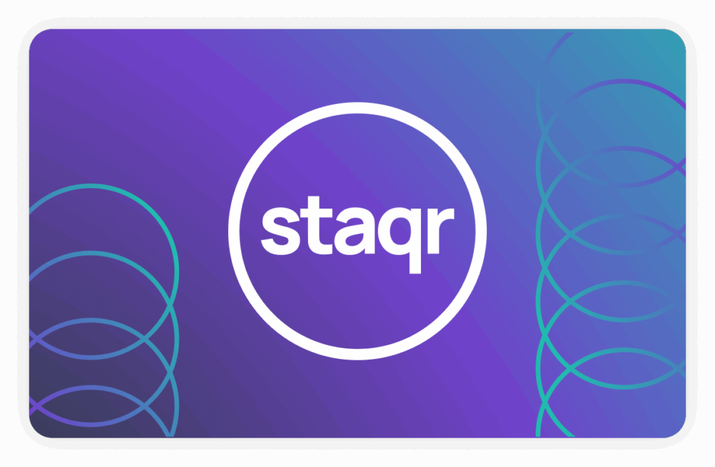 Staqr logo with coloured rings on each side of it.