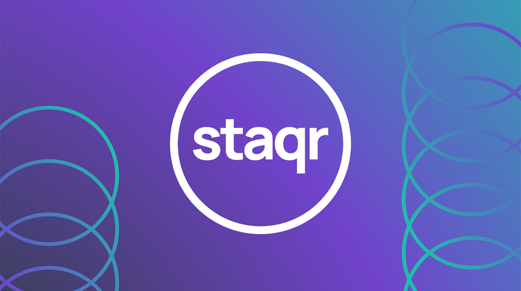Staqr logo with coloured rings on each side of it.
